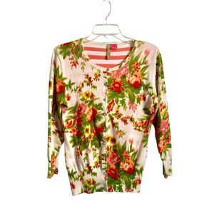 Charlotte Tarantola Cardigan Floral Stripes Sz L Cottagecore Coquette Y2K